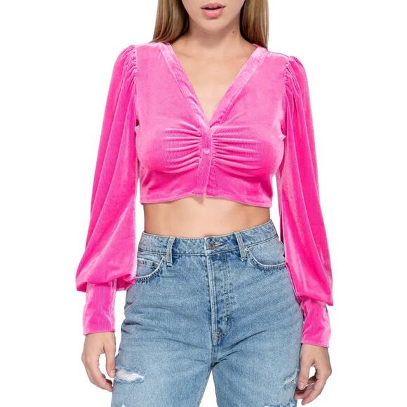 AFRM Fuchsia Pink Rib Velvet V-Neck Crop Top NEW Size Medium - Picture 1 of 5
